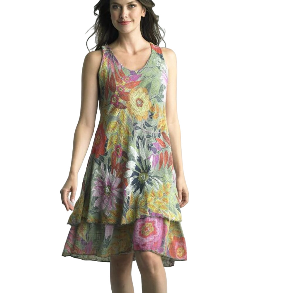 NEW TEMPO PARIS Vintage Cotton Gauze Dress Olive Floral Size L